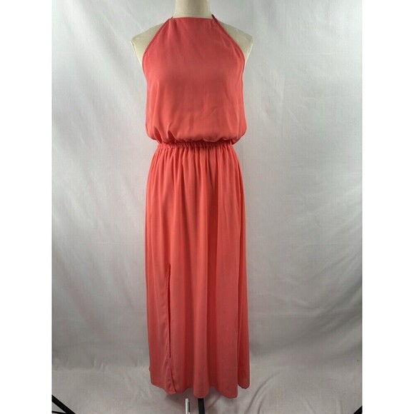 Show Me Your Mumu Halter Maxi Dress Coral Orange Large Slit Sheer Lined - Picture 4 of 14